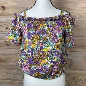 DeFacto Blouse Girl 13-14Y Flower Power Floral Cold Shoulder Crinkle Puff Sleeve